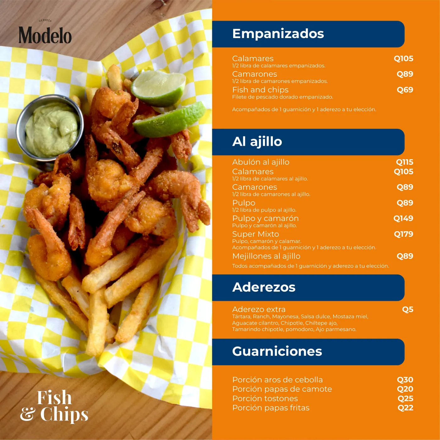 Menú Zona 16 - Al ajillo, empanizados, guarniciones y aderezos